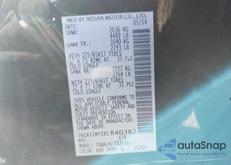 2014 Nissan Rogue S/Sl/Sv z USA, uszkodzony, nr VIN 5N1AT2MT1EC840382